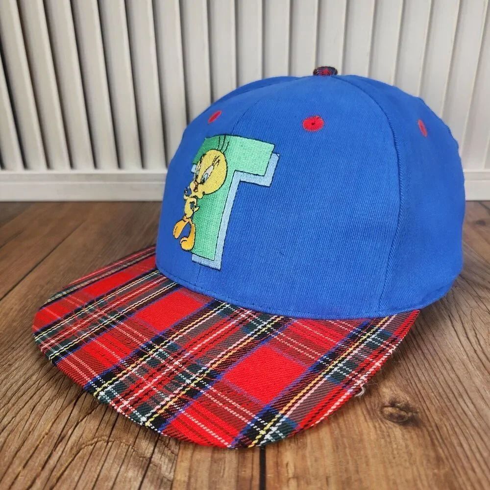 VTG 1994 Six Flags Tweety Bird Snapback Hat Cap Blue Plaid Bill Looney Tunes